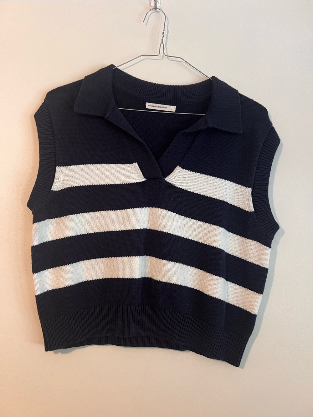 moon & madison Navy and White Striped Collared Knit Crop Top